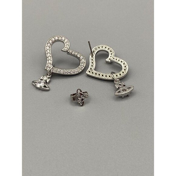 Vivienne Westwood Pave Encrusted Heart Earrings With CZ Orb Drop & bag - Picture 3 of 4